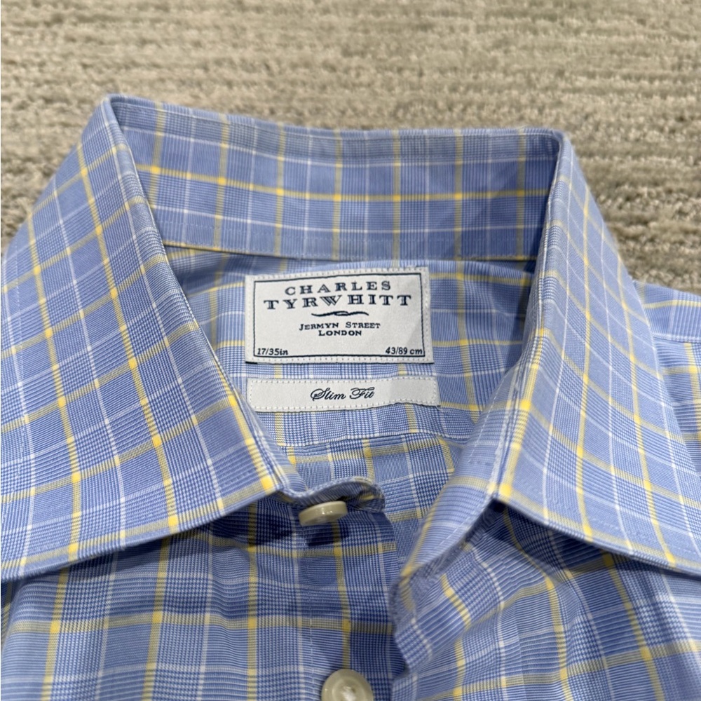 Charles Tyrwhitt Men’s Slim Fit Blue and Yellow Checkered Dress Shirt - 17 / 35”